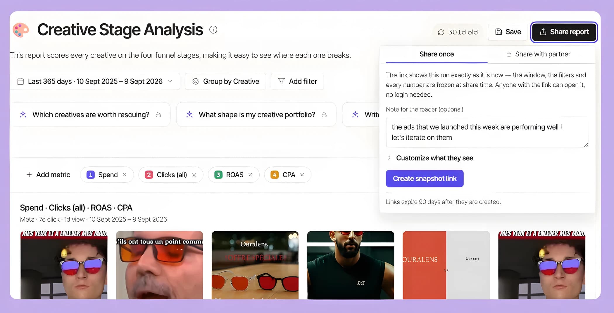 Le rapport Creative Stage Analysis, panneau de partage ouvert