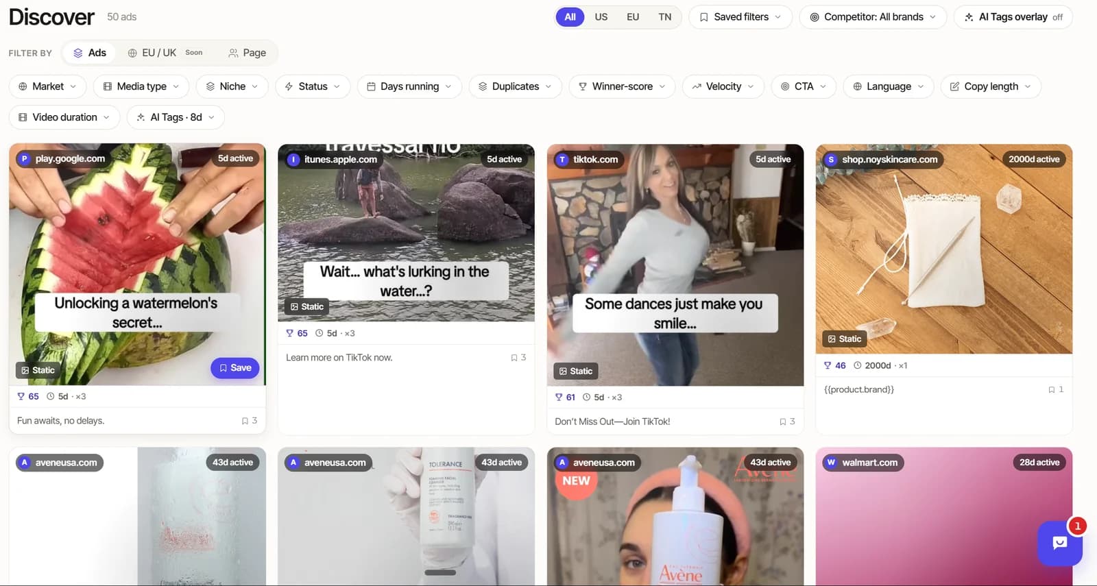 Inspo — a library of proven ads with hook format, visual format and convert score analysis