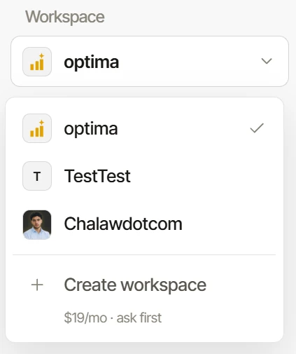 Le sélecteur d’espace de travail listant les espaces clients