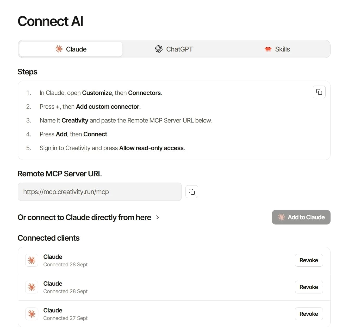 The Connect AI dialog in Creativity
