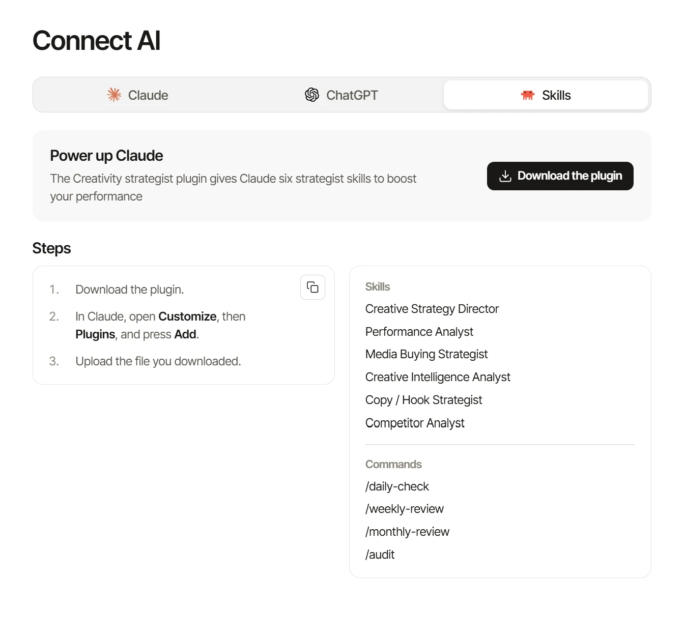 The Skills tab of Connect AI, listing the strategist skills and commands