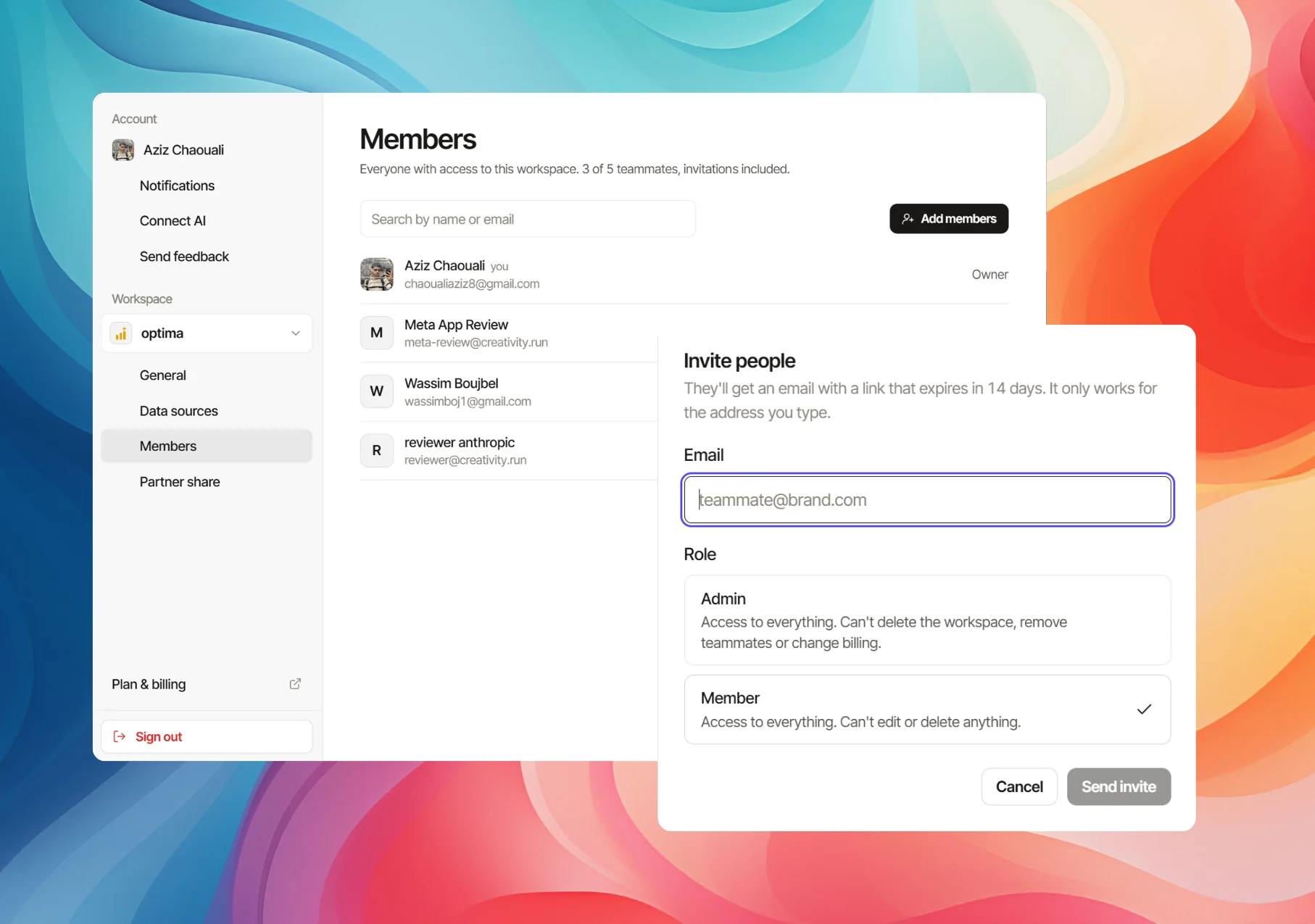 The Members pane in Settings